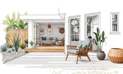 Am&eacute;nagement d'une terrasse en bois devant la maison, design ext&eacute;rieur, am&eacute;nagement paysager, espace vide pour du texte