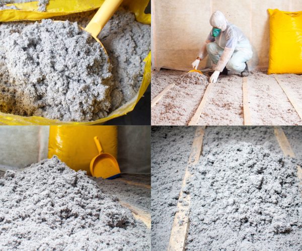 Work composed of cellulose insulation in the floor, floor heating insulation , warm house, eco-friendly insulation, insulation paper, a builder at work Set of four photos
