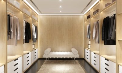 Luxury modern light wood dressing room with daybed