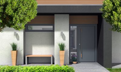 3D rendering und composite Bild eines modernen Hauseingangs f&uuml;r ein Einfamilienhaus mit Vorgarten