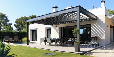 Projet de construction d'une v&eacute;randa ou pergola bioclimatique pour une maison d'habiation moderne blanche