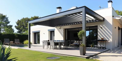 Projet de construction d'une v&eacute;randa ou pergola bioclimatique pour une maison d'habiation moderne blanche